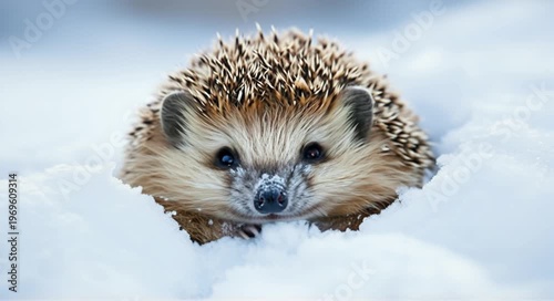 Adorable hedgehog peeking through fresh winter snow