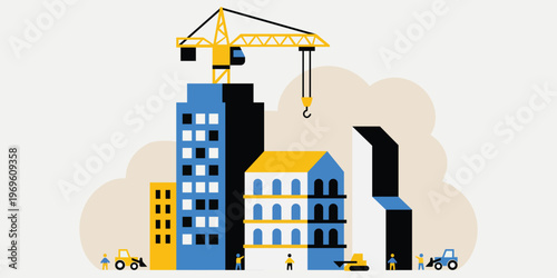 City Construction Site: A vibrant illustration depicts a bustling construction site with buildings rising skyward, a crane gracefully lifting materials against a clear sky.