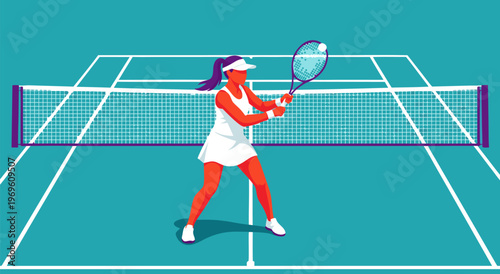 Vector illustration of energetic purple-haired woman mid-action tennis serve on vibrant teal court