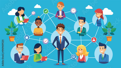 People connect and share ideas in a network with technology in a simple design showing teamwork and collaboration happening in a colorful scene
