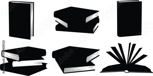 Book silhouettes set, stacked and single books, black icons, educational design, literature concept, library illustration, reading symbol, publishing graphic, study artwork