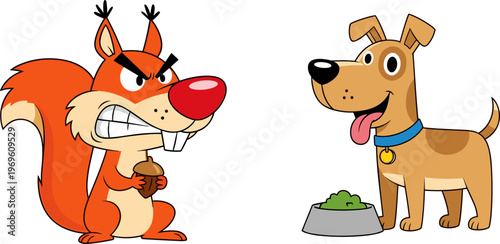 Angry squirrel and happy dog cartoon characters, funny animal illustration with acorn and pet food bowl, vector design