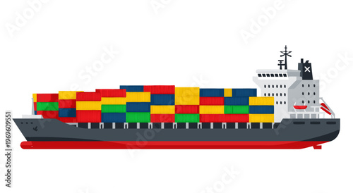 Vector illustration of a large cargo ship with colorful containers on white background in flat design