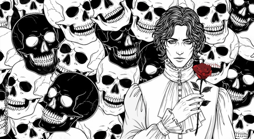 Victorian vector illustration of elegant gentleman holding red rose among skulls, monochrome scene