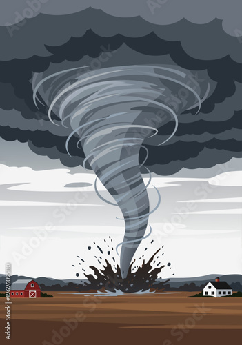 Vector illustration of a swirling gray tornado threatening a red barn and white house on open plains