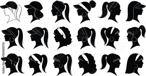 Black silhouette set of woman head profiles featuring various hairstyles with baseball caps, sun visors, headbands, and large hoop earrings for beauty and fashion icons.
