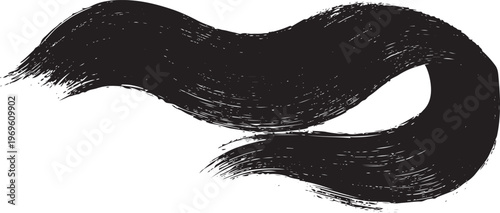 Wide black ink brush stroke with textured dry bristles on a white background