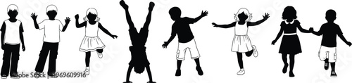 Set of active children silhouettes featuring happy kids jumping, dancing, doing handstands, and playing together for school, education, and childhood lifestyle design concepts.