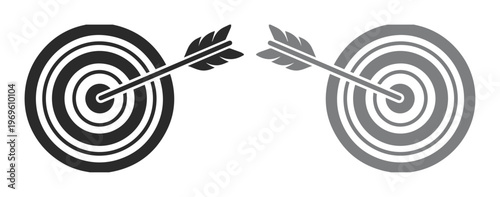 Target and Arrow Icon Set, black and gray vector graphic, representing business goals, marketing strategy, and achievement, perfect for success and accuracy concepts