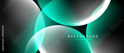 Abstract design features flowing shapes, teal hues, white accents. Dark background creates contrast, modern aesthetic. Minimal text present.