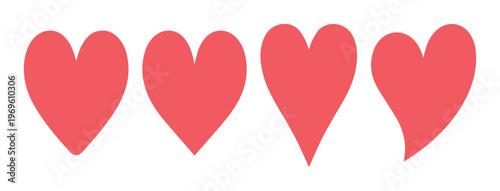 Red Heart Icons Set, four distinct heart shapes, vector collection for love, romance, and Valentine's Day designs, modern graphic elements for digital and print media