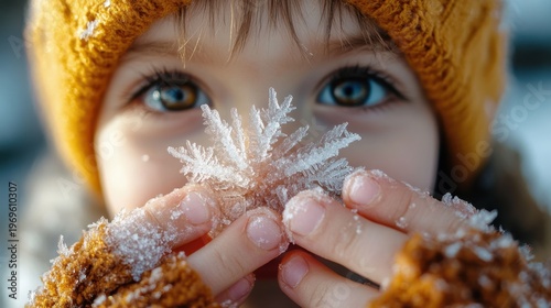 Close-up of caucasian child holding ice-covered snowflake outdoors in winter