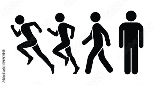 Running and walking stick figures, a set of four black silhouette human icons, dynamic motion graphics for fitness and activity tracking, isolated vector elements.