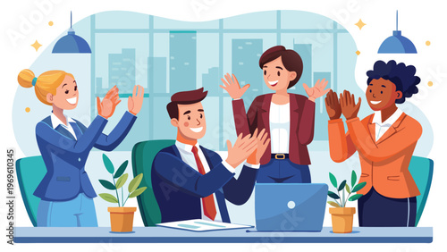 Business team celebrates success in office after completing a project during work hours on a weekday