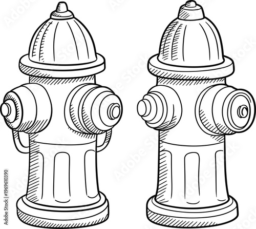 Fire hydrant illustration outline set, vintage engraved style water hydrants vector isolated black and white