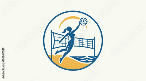Volleyball Emblem of a Woman Spiking the Ball at the Beach