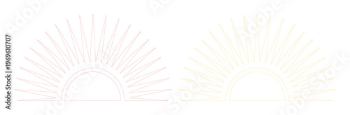 Minimalist sunburst vector set, two elegant light pink and pale yellow sunrise or sunset graphic elements. Simple radial lines design for branding, invitations, and decorative accents.