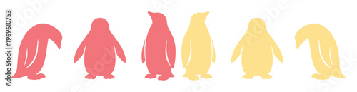 Minimalist penguin vector set, six cute stylized penguins in coral pink and golden yellow, simple animal silhouettes for children's designs, playful arctic bird illustrations