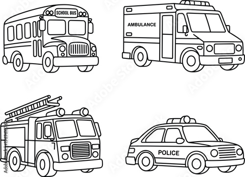 Emergency vehicle set outline, school bus ambulance fire truck police car vector illustration collection isolated