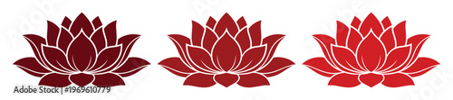 Elegant Lotus Flower Vector Set, three stylized red and maroon floral icons for spiritual, wellness, and beauty branding. Modern botanical illustration for yoga studios, spas