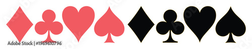 Playing Card Suits Vector Set. Classic Red and Black Poker Symbols, a Collection of Hearts, Spades, Diamonds, and Clubs for Casino Games and Graphic Design.