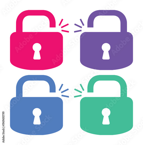 Colorful padlock vector icons, secure lock and unlock symbols, digital security and privacy graphic elements, access control and protection concepts for web design.