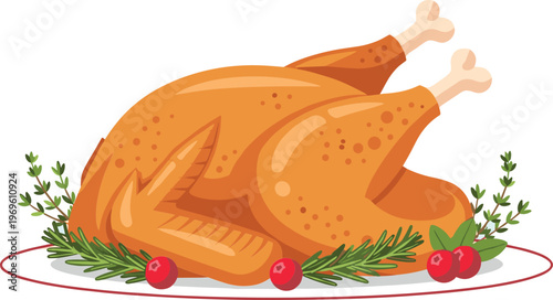 Roasted whole chicken illustration with herbs and garnish in detailed food vector style
