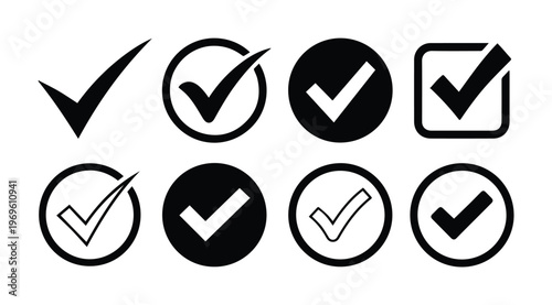 Black check mark icons, a collection of eight vector checkmark symbols for approval and completion. Modern graphic elements for user interfaces and web design.