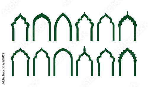 Tableau sur toile Islamic arch vector collection, 12 unique dark green mosque gate silhouettes, el