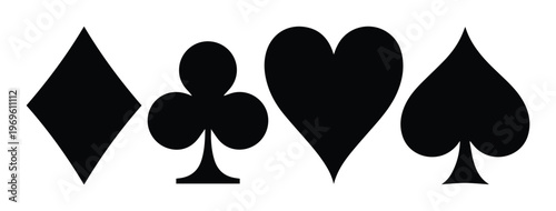 Classic playing card suits vector set, black graphic symbols for casino games and gambling, traditional poker card icons, heart, spade, diamond, club shapes