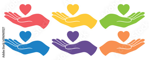 Colorful hands holding hearts, a vibrant vector collection symbolizing care, charity, and generosity. Diverse hands offering love, support, and compassion
