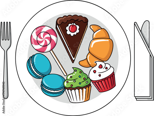 Dessert plate vector illustration with cake cupcake croissant macarons and candy, sweet bakery assortment for cafe menu and confectionery design