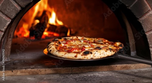 Freshly baked artisan pizza being removed from a rustic wood-fired oven with glowing embers