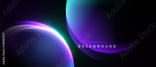 Abstract dark background features vibrant purple, blue gradients. Overlapping circular shapes create dynamic visual effect. Minimalist design.