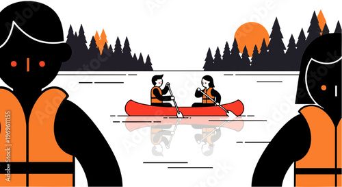 People Canoeing on a Scenic Lake at Sunset Vector Illustration