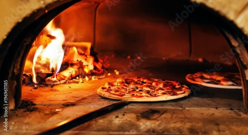 Delicious pizzas cooking in a fiery wood-fired oven, bringing warmth and rustic charm.