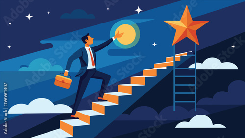 Man climbs stairs toward star while holding briefcase in night sky with clouds