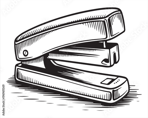 Hand Drawn Stapler Illustration in Vintage Engraving Style, Black and White Line Art Office Tool for Paper Binding, Workplace Stationery Equipment Concept Isolated on White Background