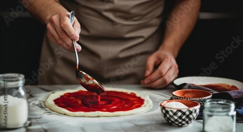 Chef carefully spreading tomato sauce onto pizza dough, preparing a delicious meal