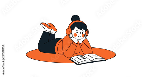Girl Lying on Floor Reading Book Wearing Headphones Illustration