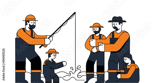 Group of People Fly Fishing in Stream Vector Illustration