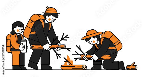Happy Hikers Gathering Wood for a Campfire in Flat Vector Style