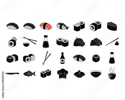 Vector illustration of set of sushi and japanese food icons