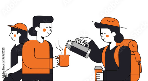 Hikers enjoying hot coffee outdoors during camping trip