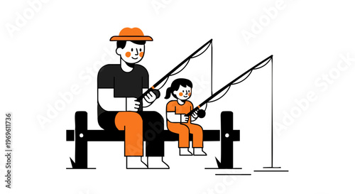 Father and daughter fishing together on a wooden pier illustration