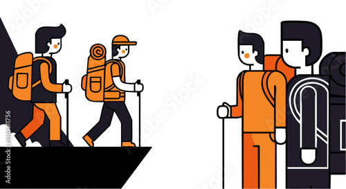 Hikers Climbing a Mountain Ridge Vector Illustration