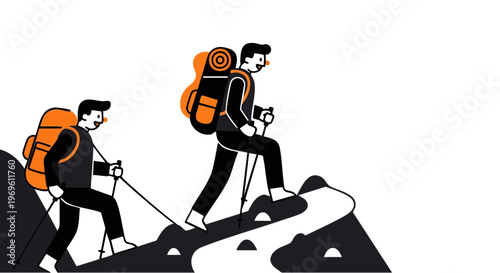 Two Hikers Trekking Up a Mountain Trail with Backpacks and Poles