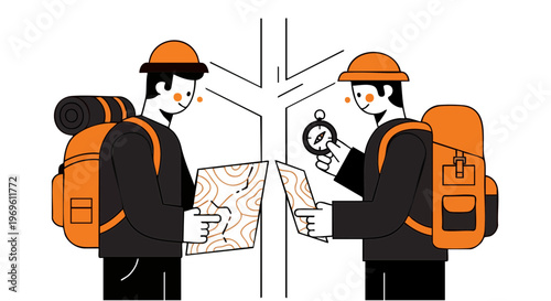 Two Hikers Navigating with Map and Compass in Forest