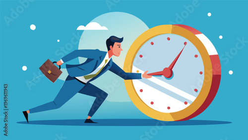 Businessman rushes to meet deadline while holding a briefcase and running toward a large clock in a bright blue background