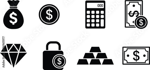 Money bag coin calculator dollar bill diamond lock gold bars dollar sign currency